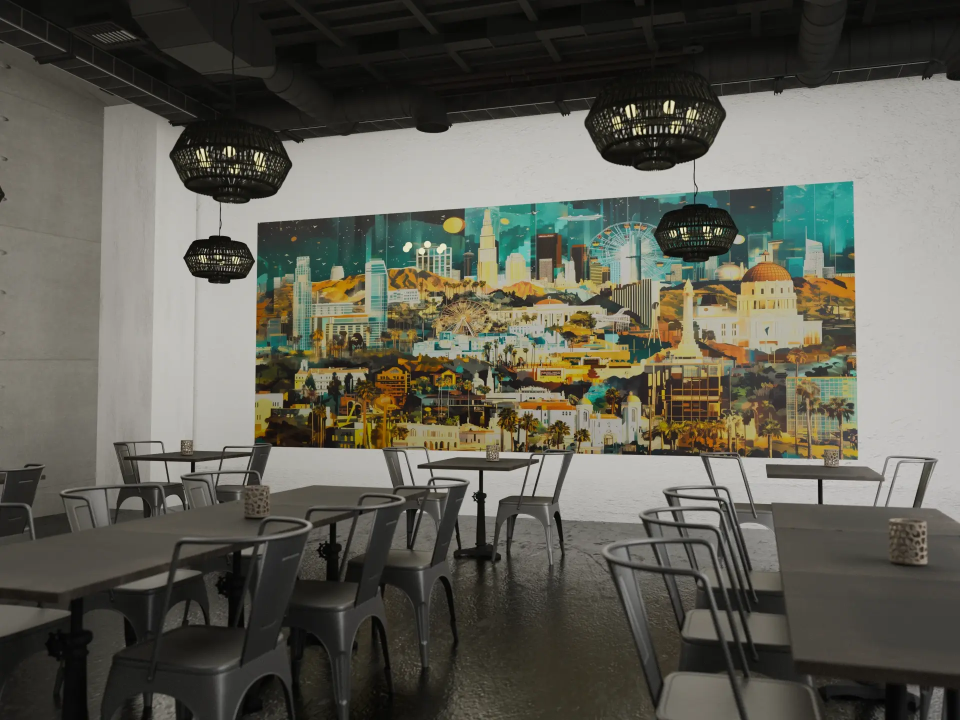 CG render of a restaurant interior wall mural