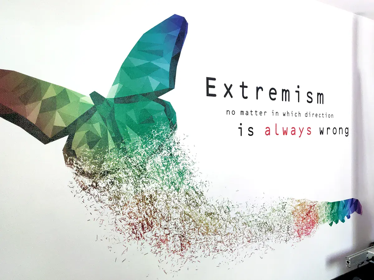 Butterfly with social message on textured wall