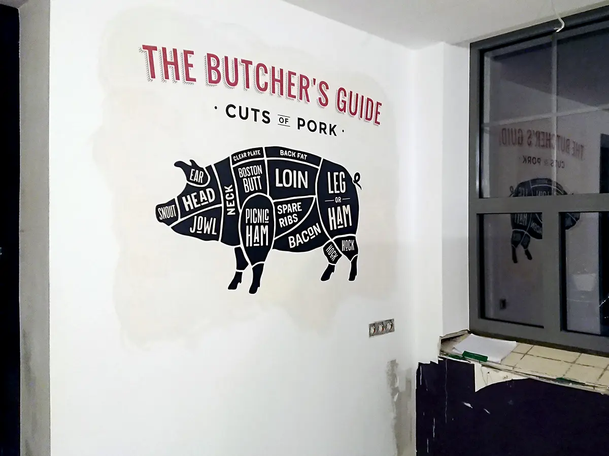 Pork butcher guide on textured wall