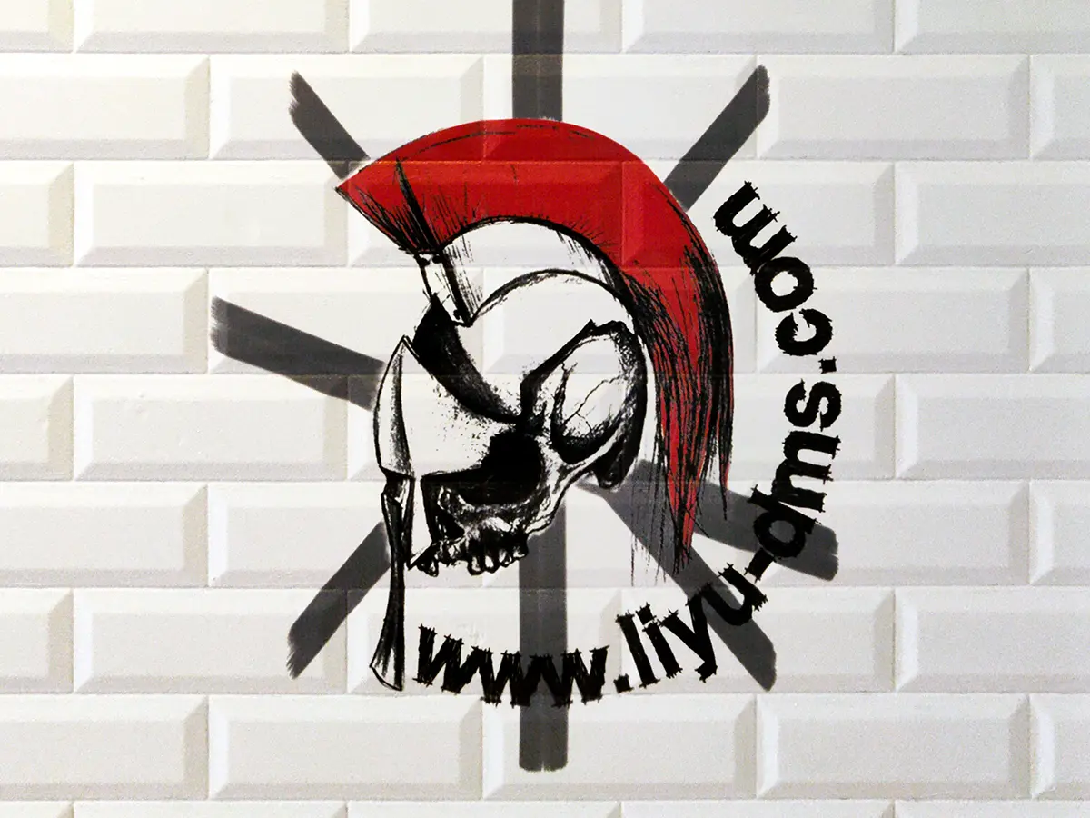 Spartan helmet logo on brick