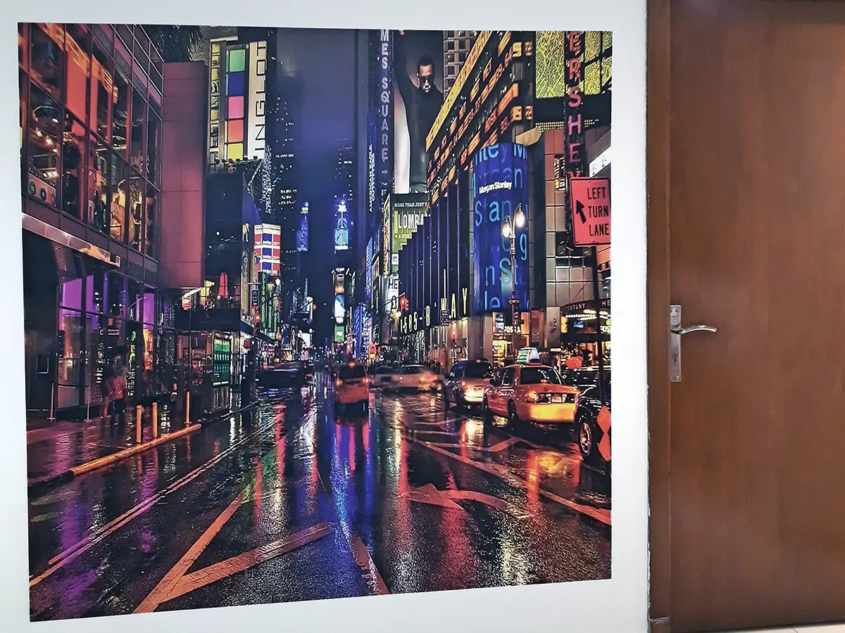 City night photograph printed on drywall