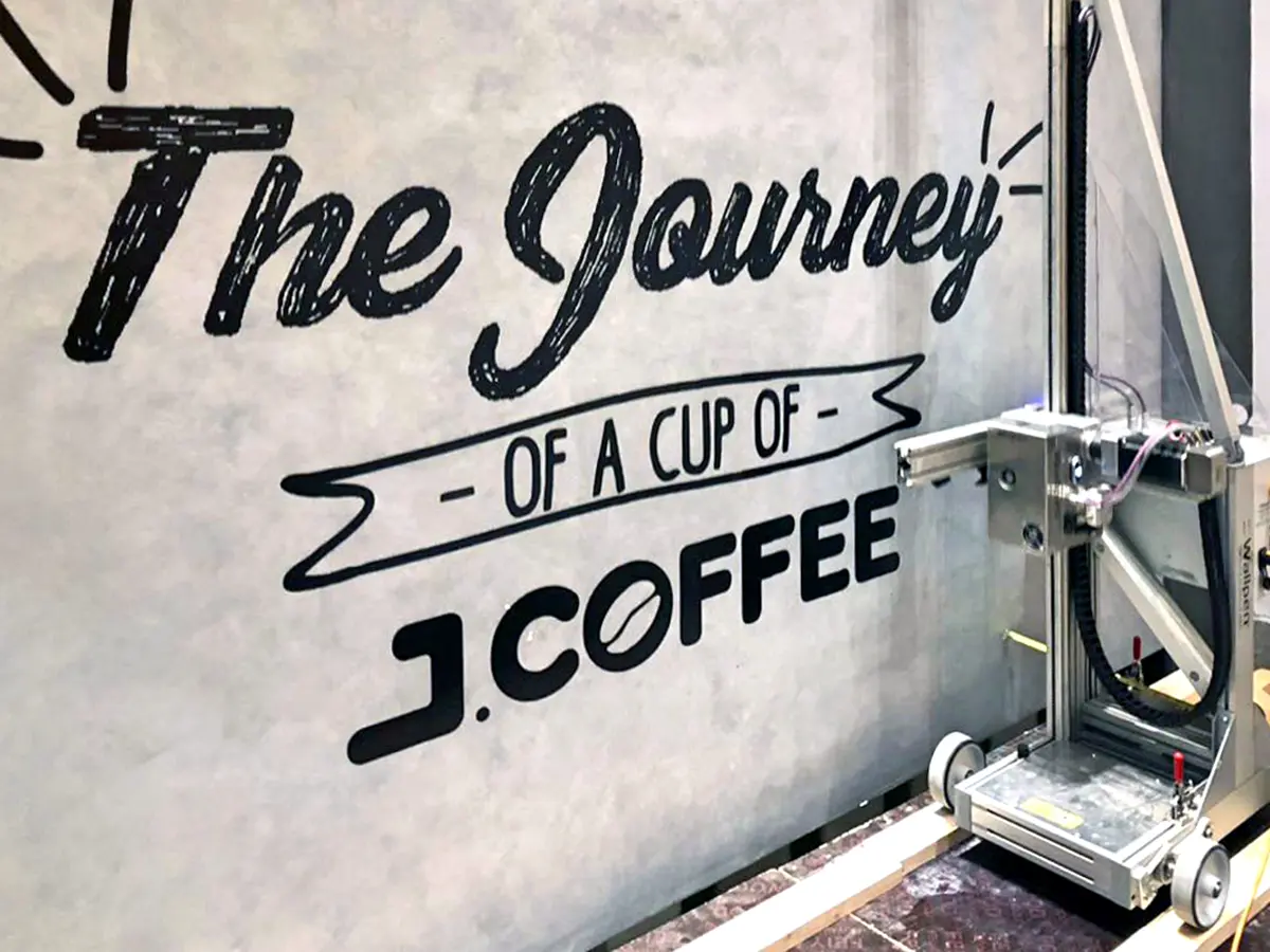 Coffee shop signage printed on concrete.