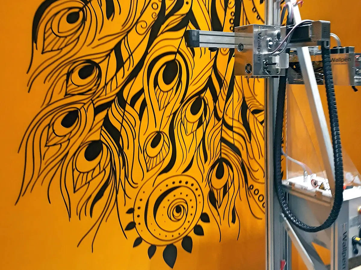 Peacock feathers line art on colored wall