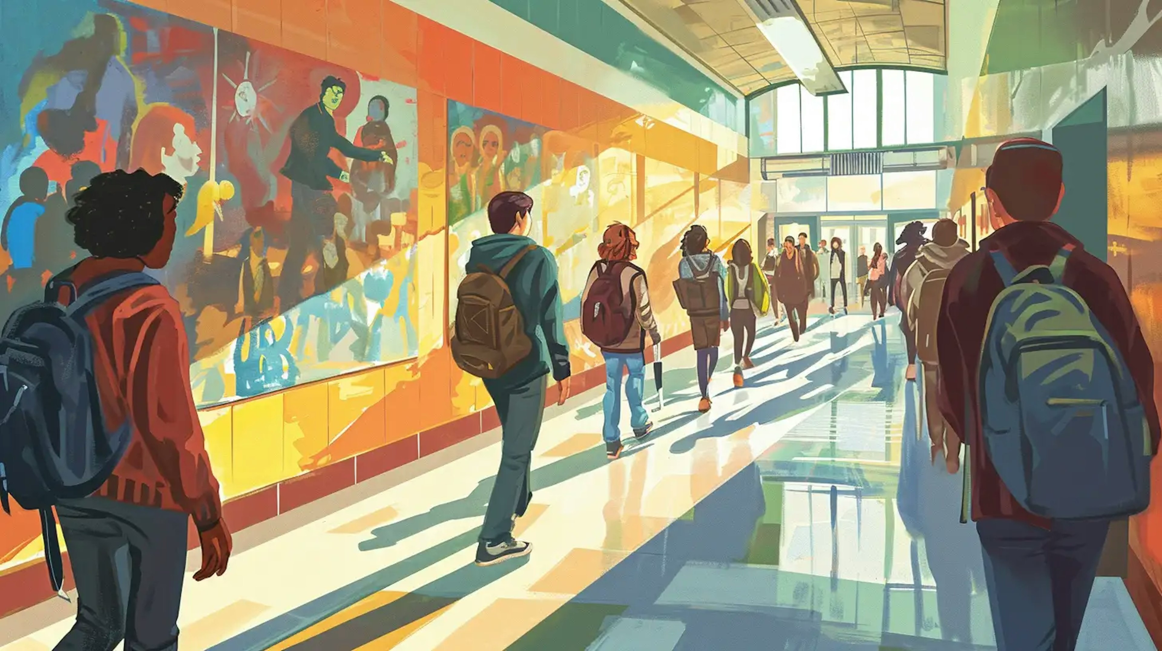 An Illustration of a busy school hallway lined with artful murals and filled with students.