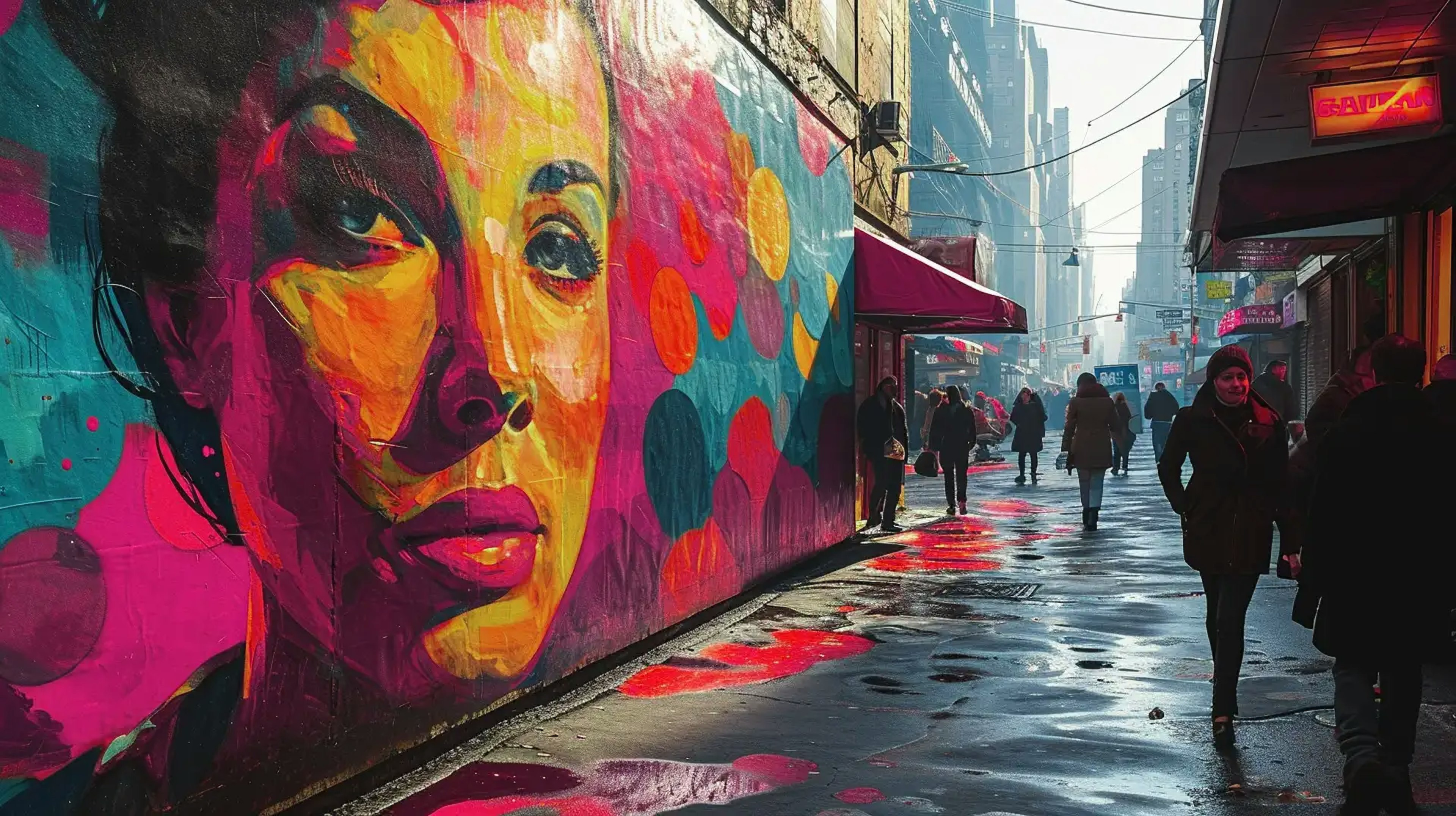 An illustration of a mural of a womans head on a city street