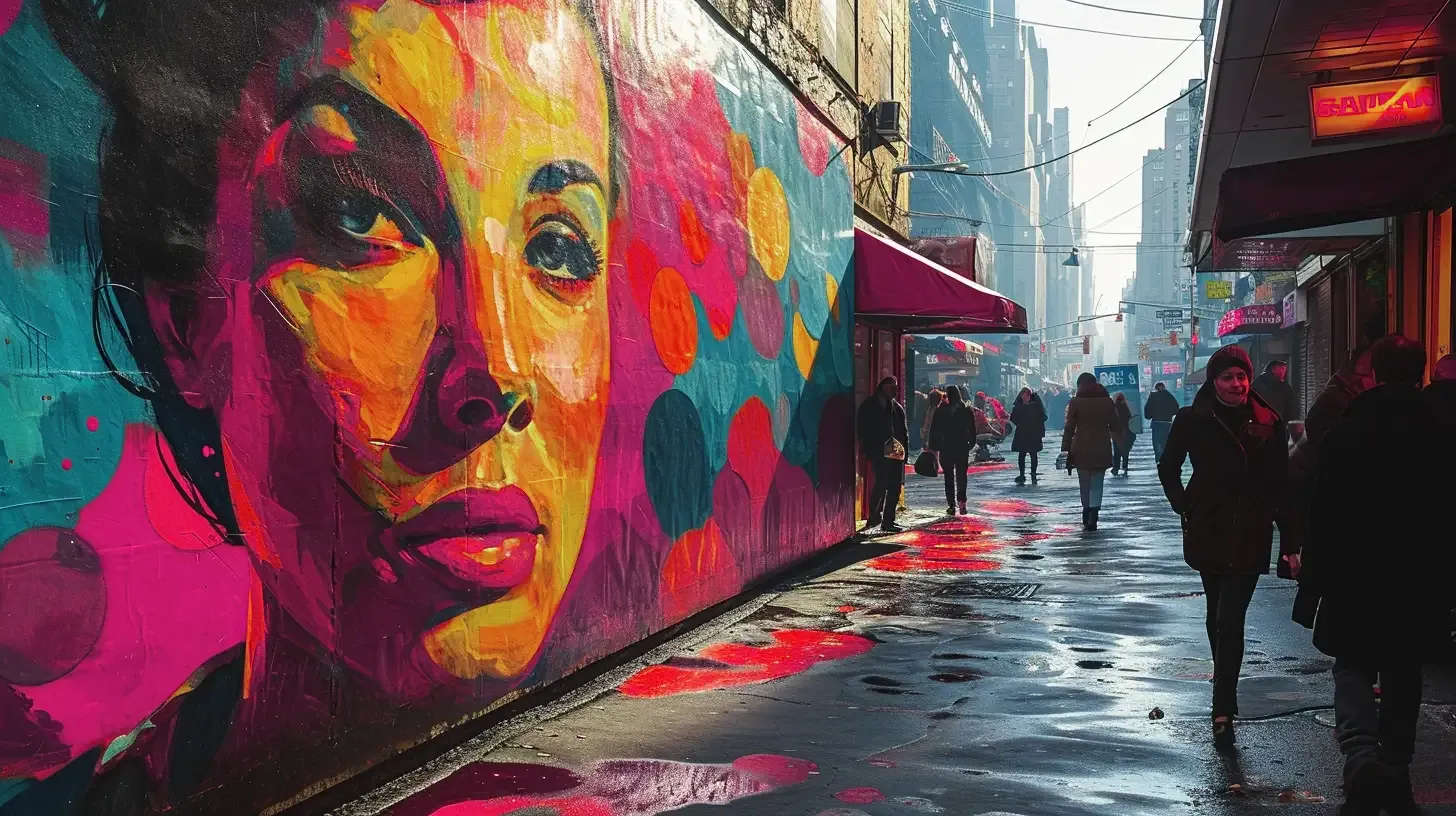 An illustration of a mural of a womans head on a city street