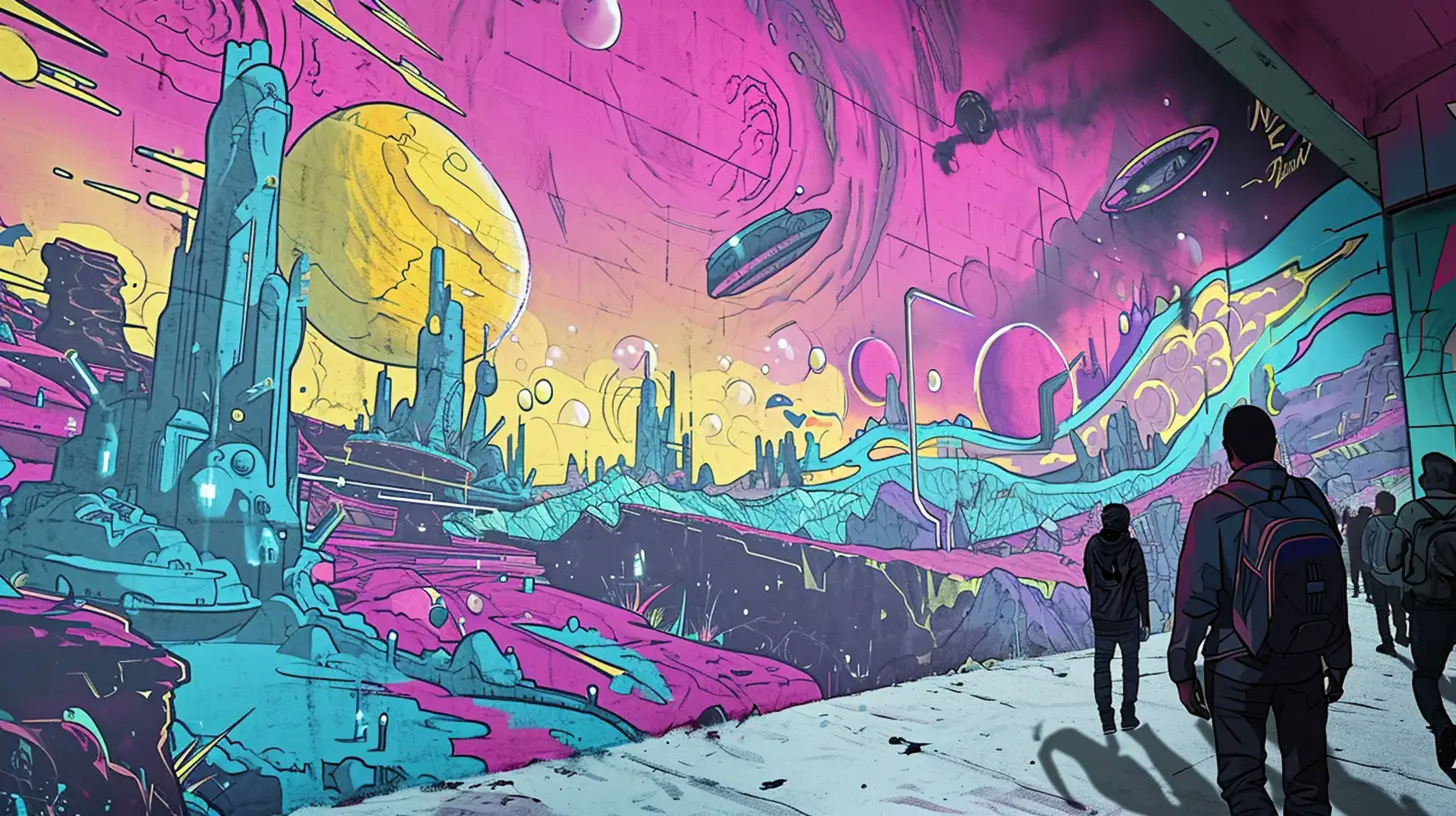 An illustration of of a brick wall with a cosmic landscapte mural.