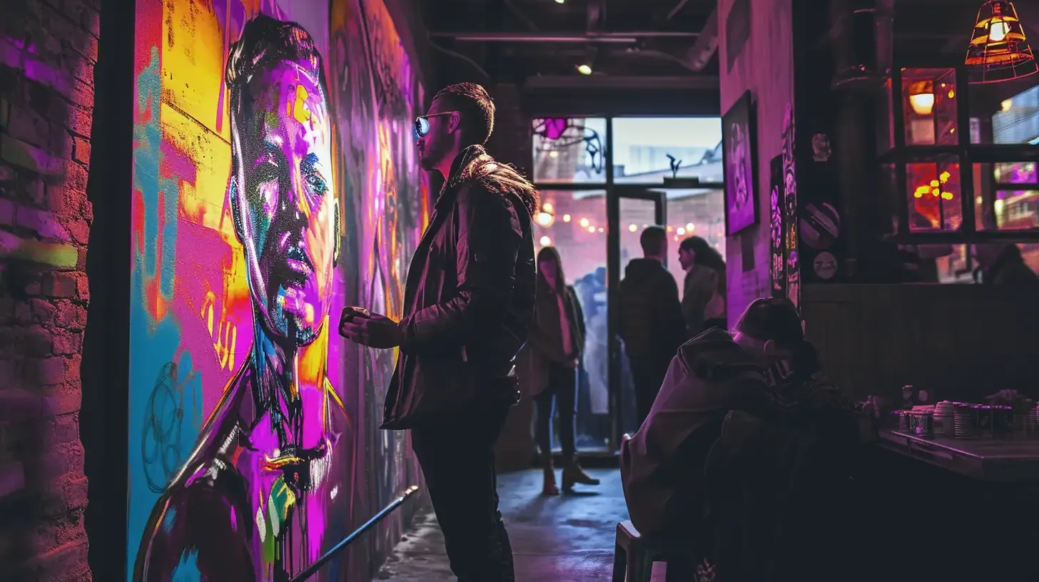 A cafe patreon stares inquisitively at a mural of an illustrated man.