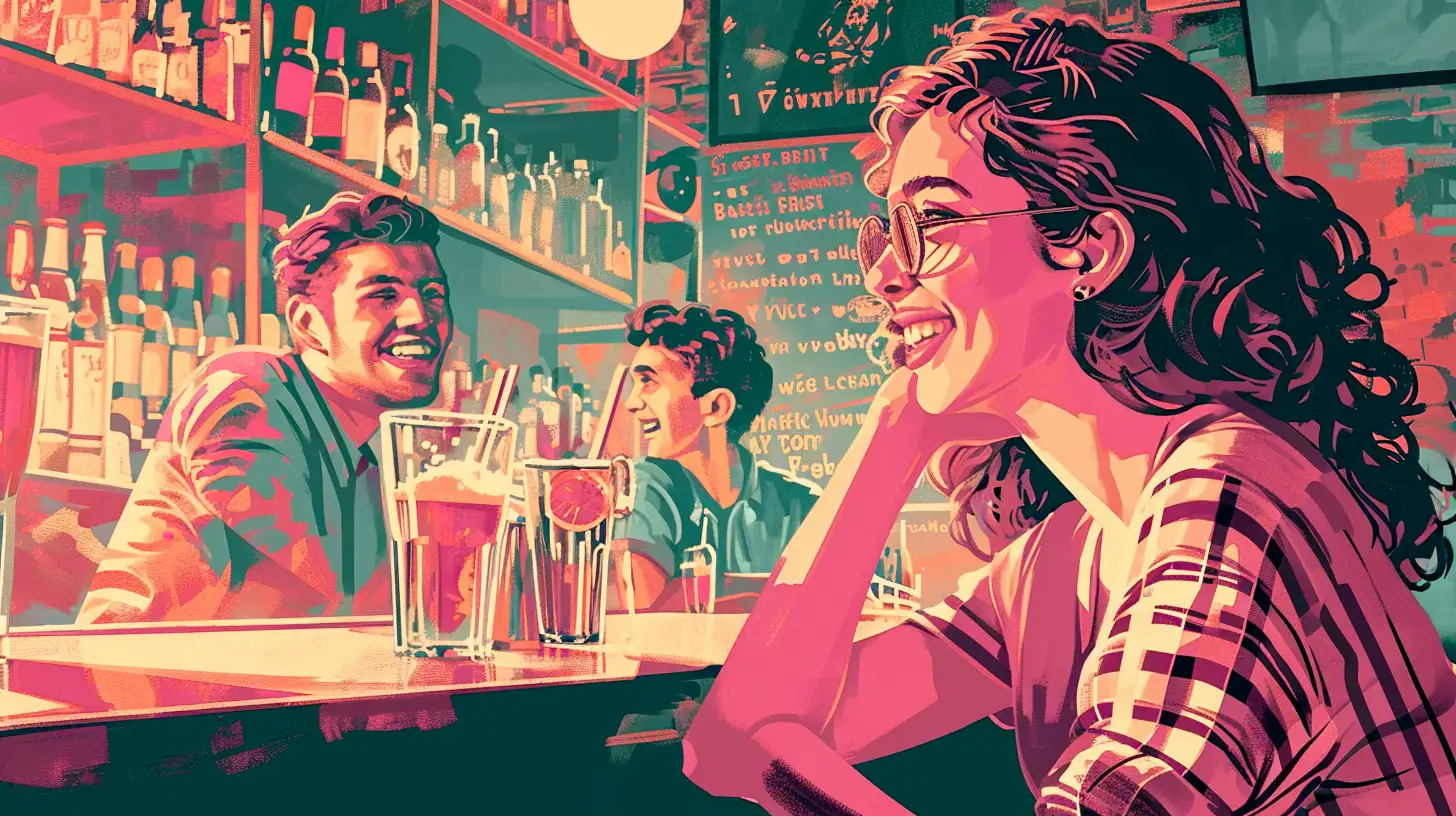 An illustration of a woman enjoying a cocktail at a restaurant counter.