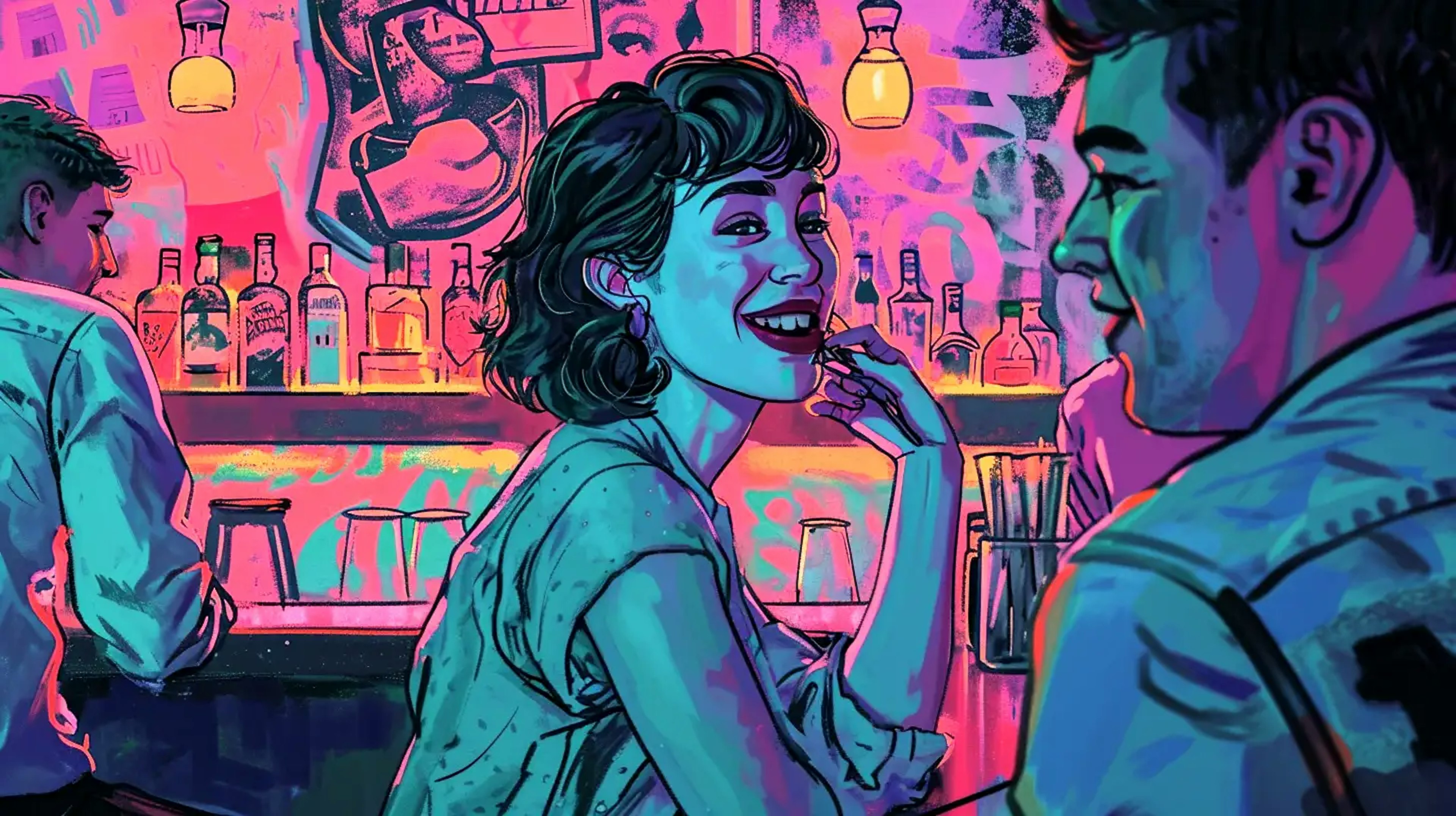 An illustration of a woman enjoying a cocktail at a bar.