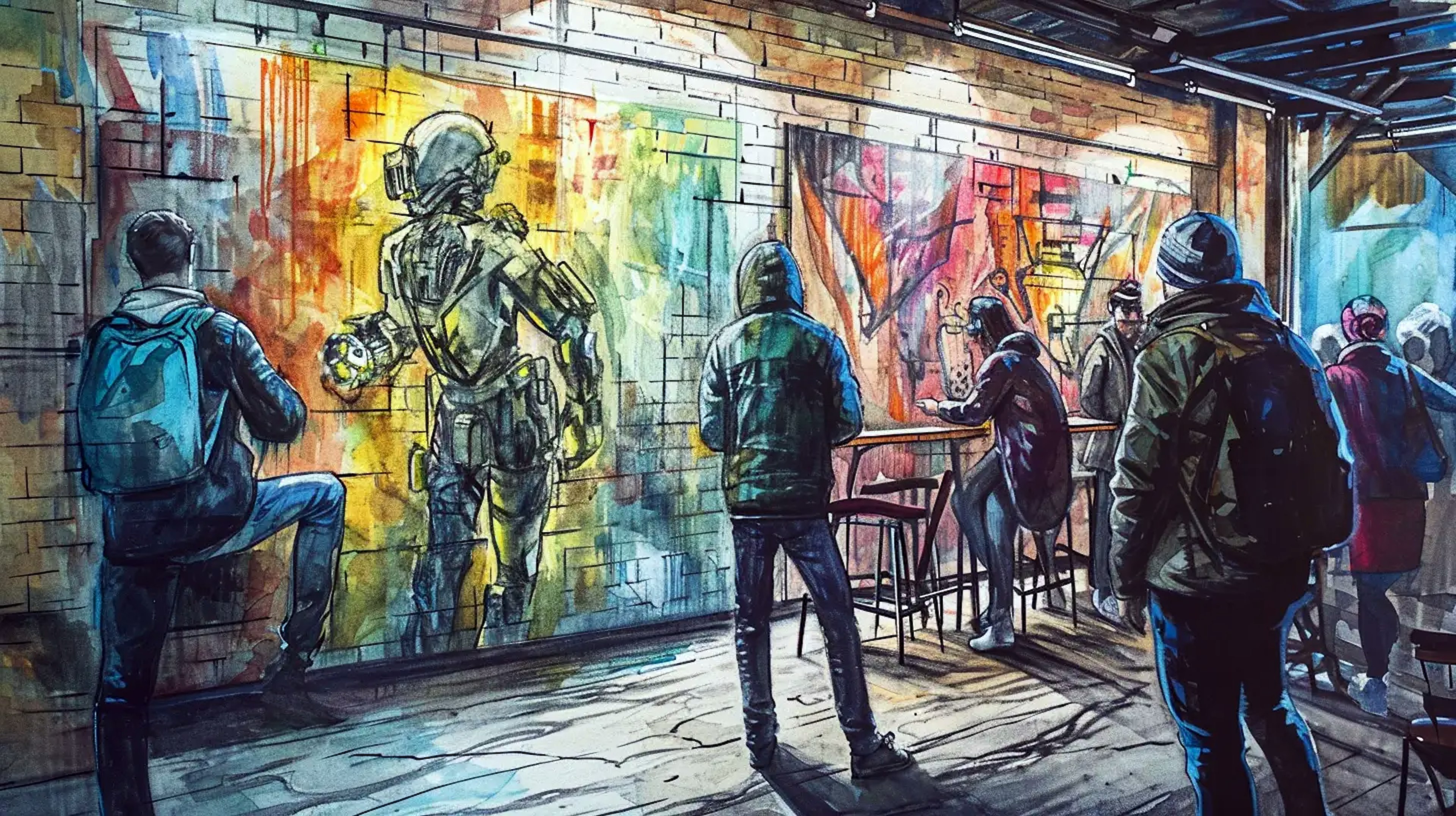 An illustration of pedestrians looking at a mural.