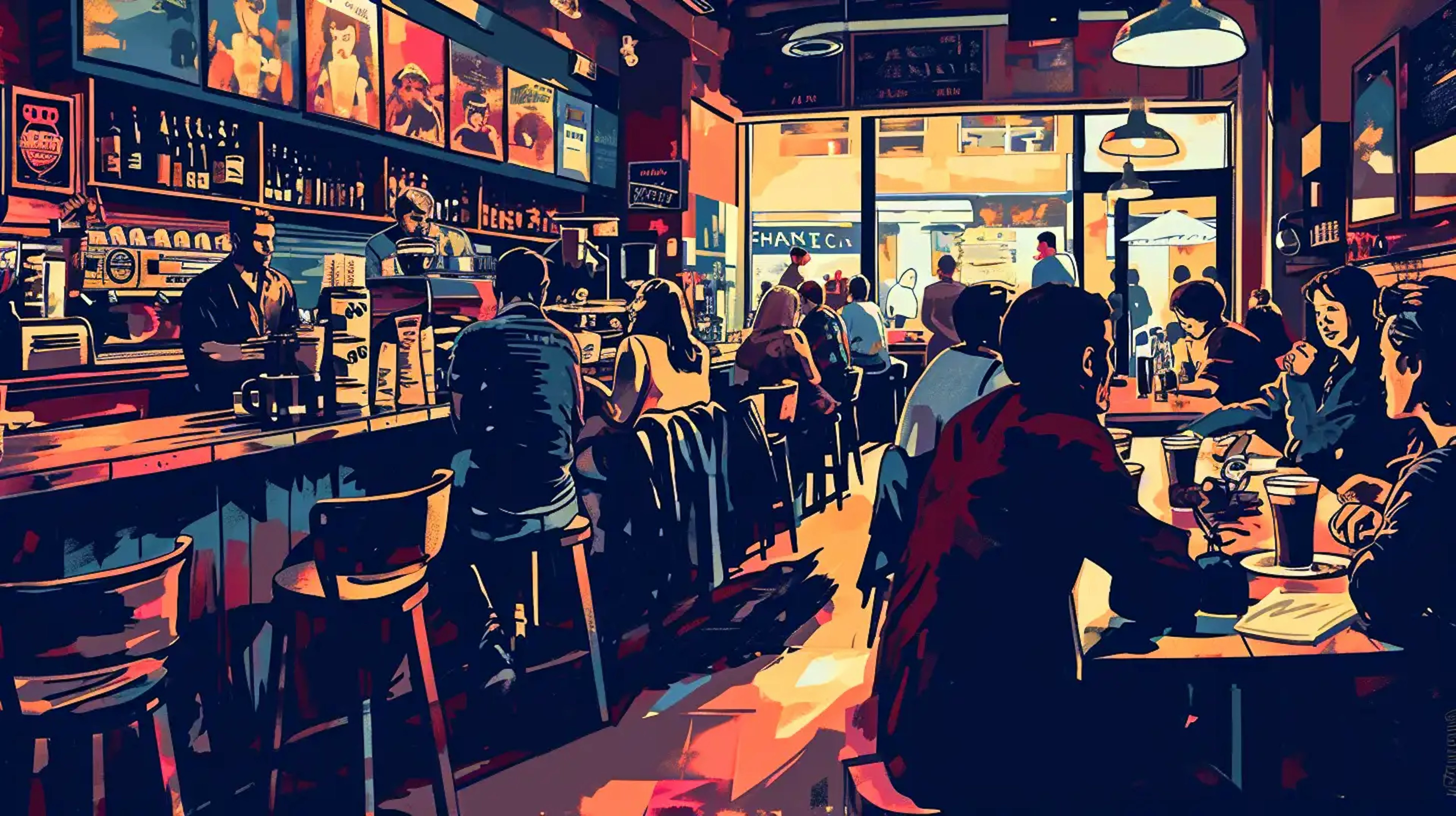An illustration of a full cafe of patreons enjoying coffee and food.