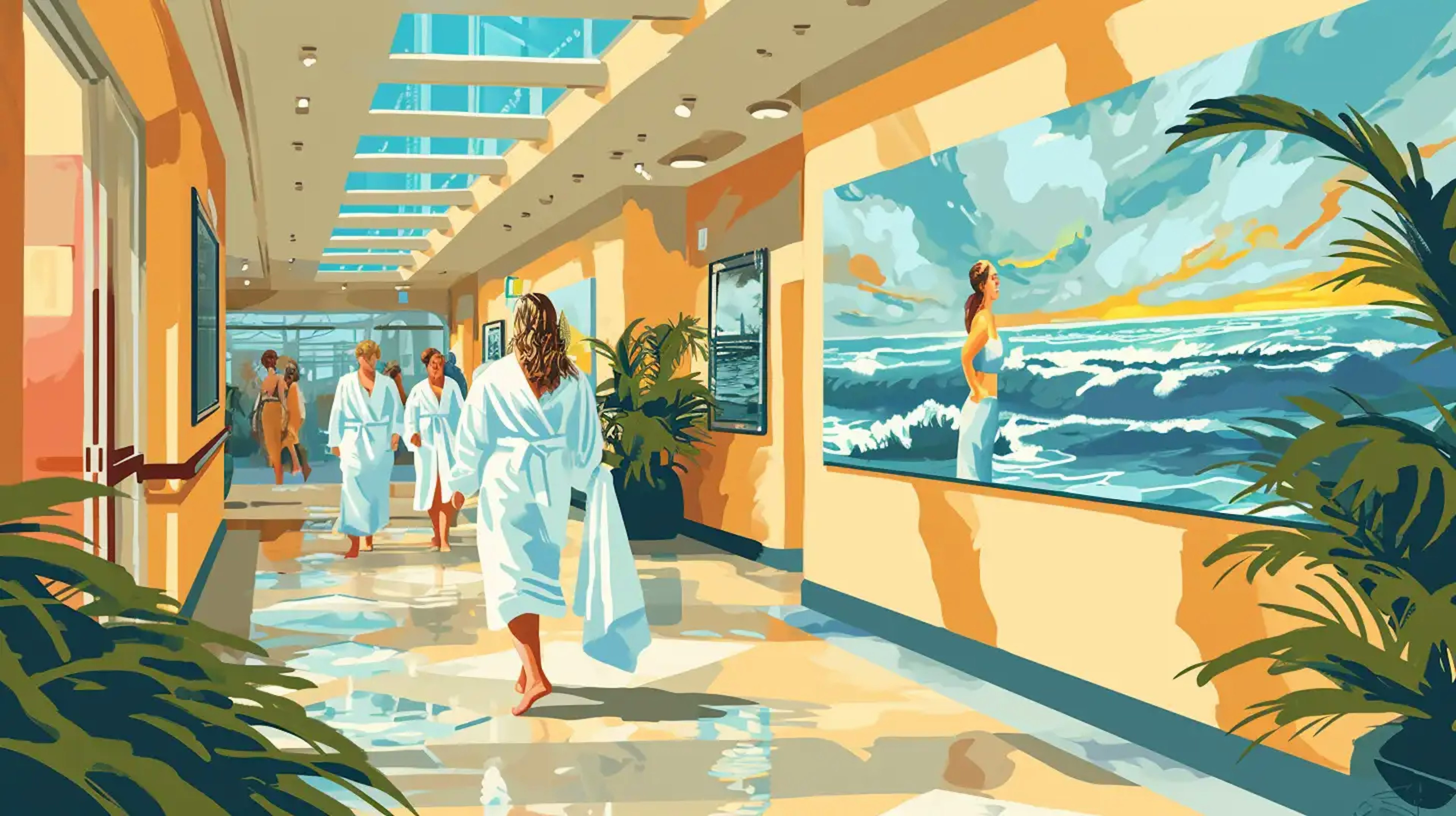An illustration of a cozy spa interior with seascape paintings hanging on the wall as patreons walk by in robes and towels.