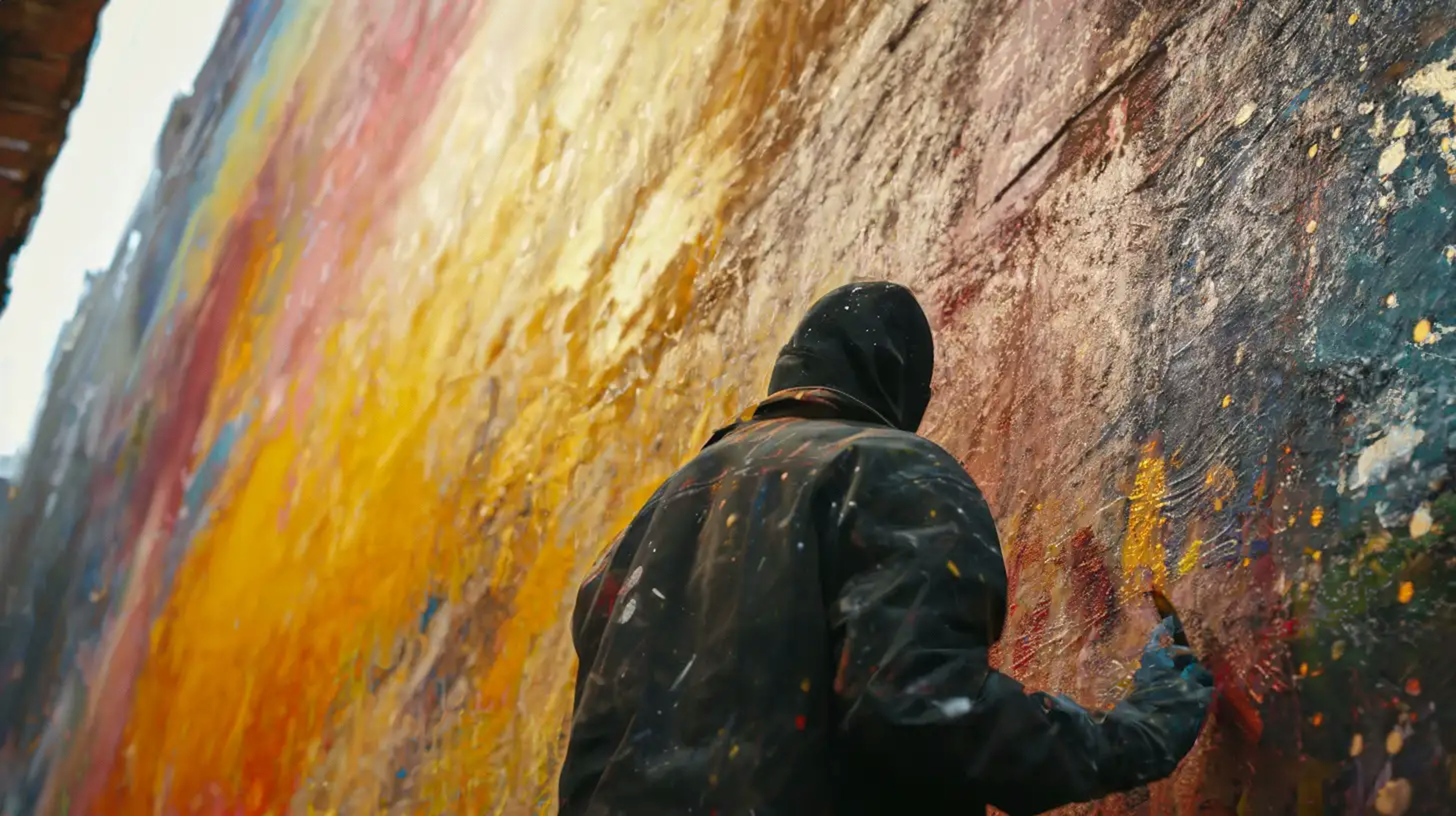 A man prepares to paint a mural on a concrete wall.