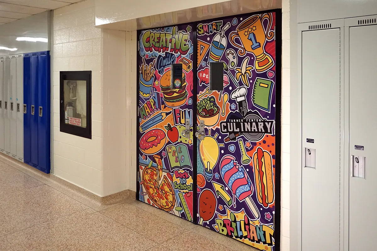 Art printed on classroom doors.