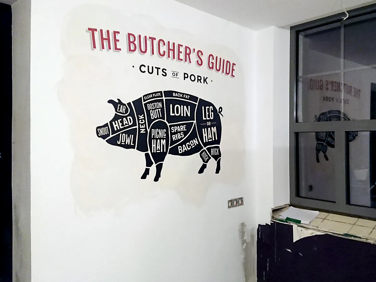Butcher shop signage printed on drywall